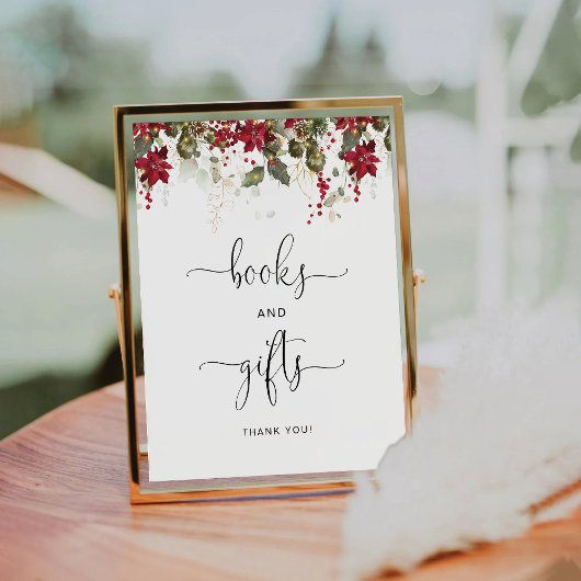 Kerstmis Rode Poinsettia Boeken en Geschenken Teke Reclamebord Met Voetstuk