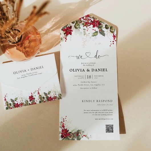 Kerstmis Rode Poinsettia Bruiloft All In One Uitnodiging