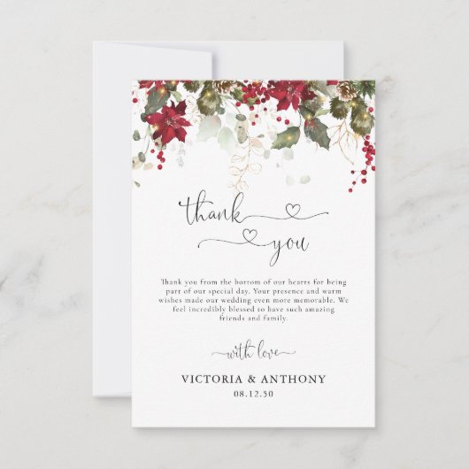Kerstmis Rode Poinsettia Bruiloft Dank u Kaarten (Voorkant)