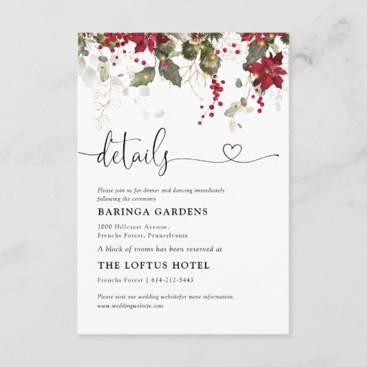 Kerstmis Rode Poinsettia Bruiloft Details Informatiekaartje (Voorkant)