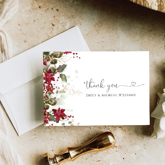 Kerstmis Rode Poinsettia Bruiloft Flat Bedankkaart