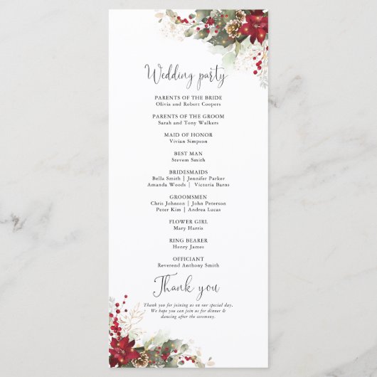 Kerstmis Rode Poinsettia bruiloft programma Programmakaart (Achterkant)