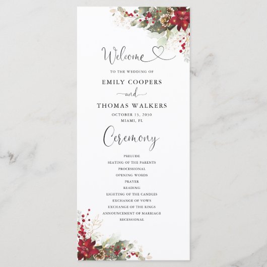 Kerstmis Rode Poinsettia bruiloft programma Programmakaart (Voorkant)
