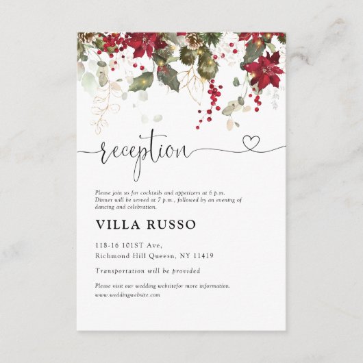Kerstmis Rode Poinsettia Bruiloft Receptie Informatiekaartje (Voorkant)
