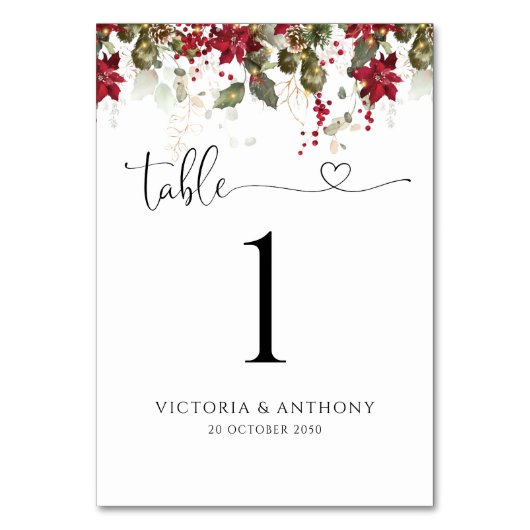 Kerstmis Rode Poinsettia Bruiloft Tafel Nummers Kaart (Voorkant)