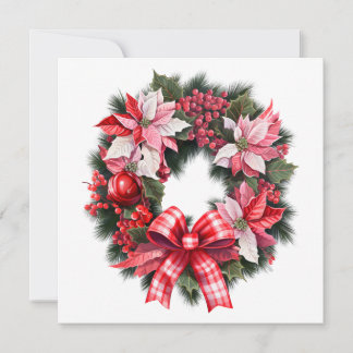 Kerstmis Rode Poinsettia en Bessen Krans Roze Feestdagenkaart