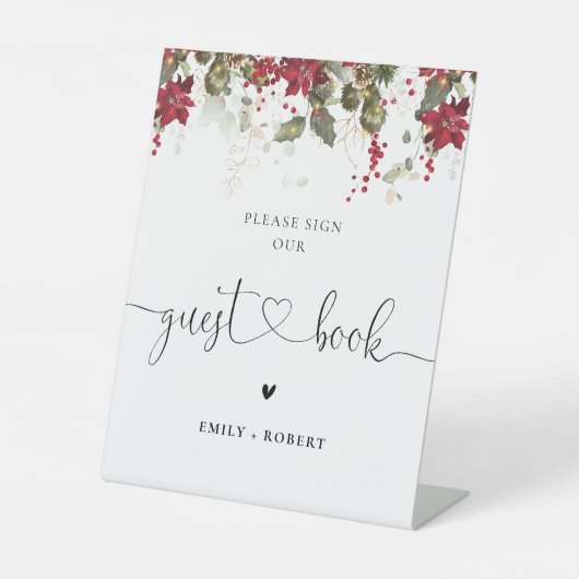 Kerstmis Rode Poinsettia Gastenboek teken Reclamebord Met Voetstuk (Voorkant)