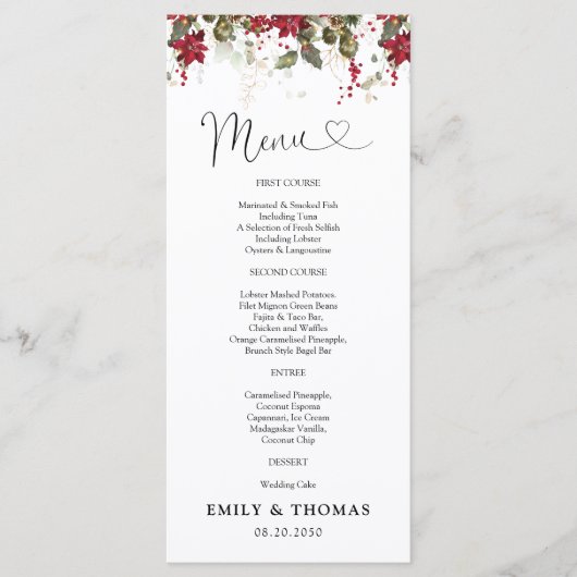 Kerstmis Rode Poinsettia Huwelijksceremonie Menu (Voorkant)