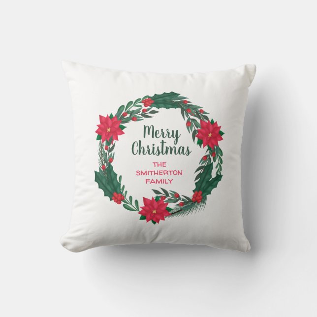 Kerstmis Rode Poinsettia Krans Kussen (Voorkant)