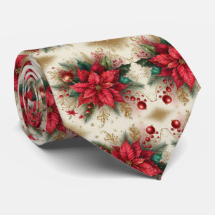 Kerstmis Rode Poinsettia met Gouden Heren Halsdoek Stropdas