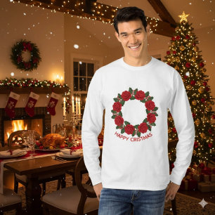 Kerstmis Rode Roos Krans Gelukkig Kerstmis T-shirt