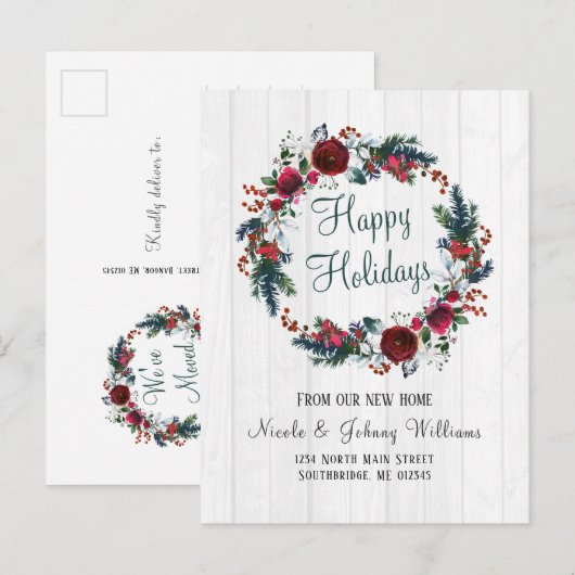 Kerstmis Rode Roos met Pine Bloemen Krans Bewegen Aankondigingskaart (Voorkant / Achterkant)