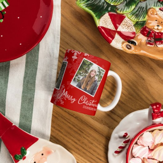 Kerstmis rode sneeuwvlokken fotocollage koffiemok