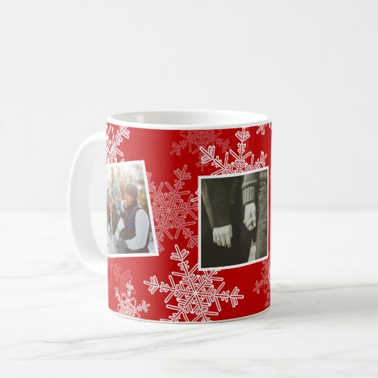 Kerstmis rode sneeuwvlokken fotocollage koffiemok (Voorkant links)