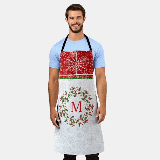 Kerstmis, rode streep en sneeuwvlokken schort (Gedragen)