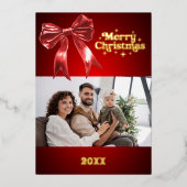 Kerstmis rode strik retro foto goud folie feestdagenkaart (Voorkant)