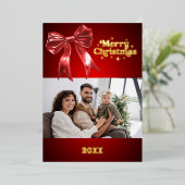 Kerstmis rode strik retro foto goud folie feestdagenkaart (Staand Voorkant)