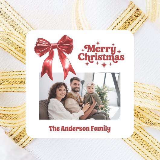 Kerstmis rode strik retro foto vierkante sticker