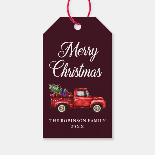 Kerstmis Rode Truck Boom Cadeaus Lichten Burgundy Cadeaulabel (Voorkant)
