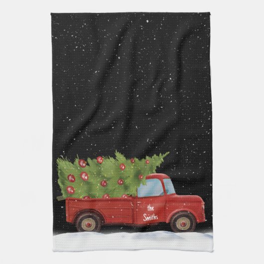 Kerstmis Rode Truck met Naam Theedoek (Verticaal)