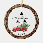 Kerstmis Rode Vrachtwagen Familie Monogram met Fot Keramisch Ornament (Voorkant)