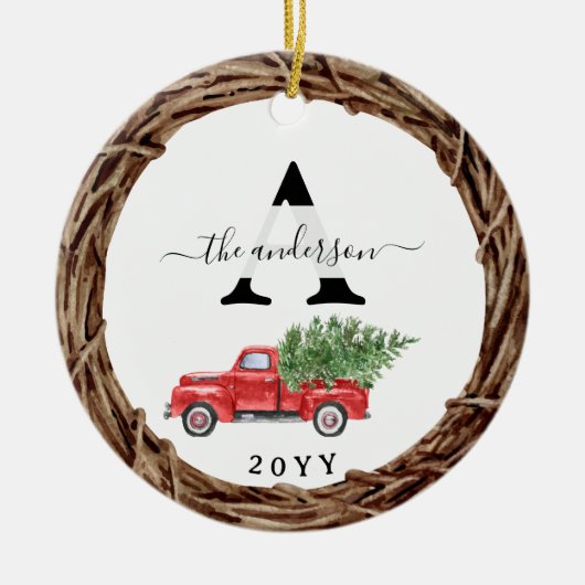 Kerstmis Rode Vrachtwagen Familie Monogram met Fot Keramisch Ornament (Voorkant)