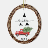 Kerstmis Rode Vrachtwagen Familie Monogram met Fot Keramisch Ornament (Links)