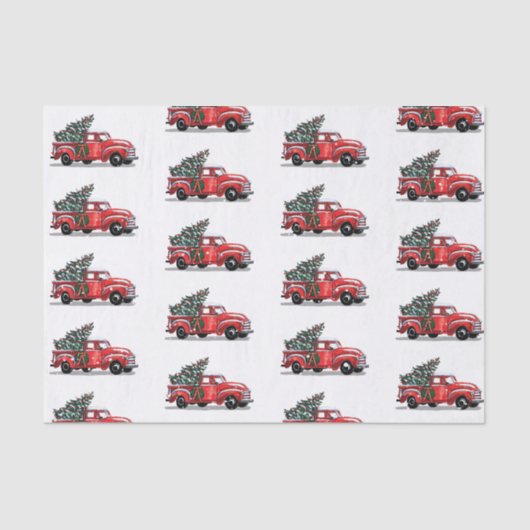 Kerstmis:  rode vrachtwagen op witte sneeuw tissuepapier (Voorkant)