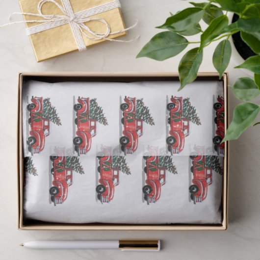 Kerstmis:  rode vrachtwagen op witte sneeuw tissuepapier (Geschenk)