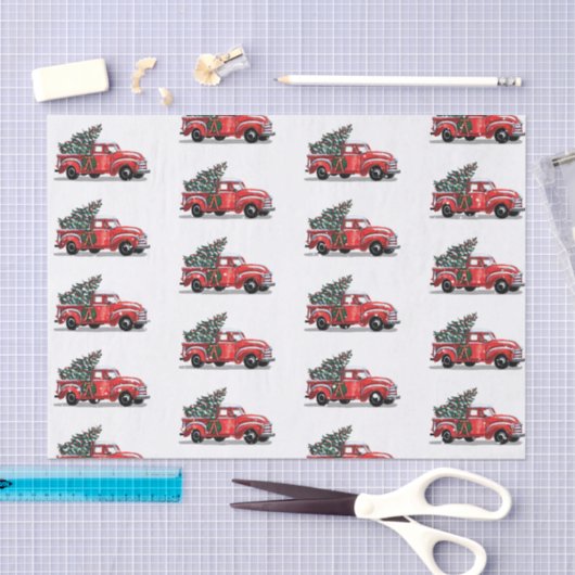 Kerstmis:  rode vrachtwagen op witte sneeuw tissuepapier (Craft)