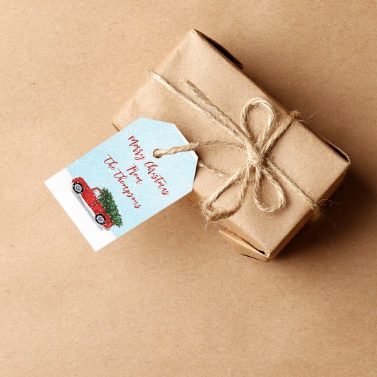 Kerstmis  Rode Vrachtwagen Winter Snowflakes Cadeaulabel