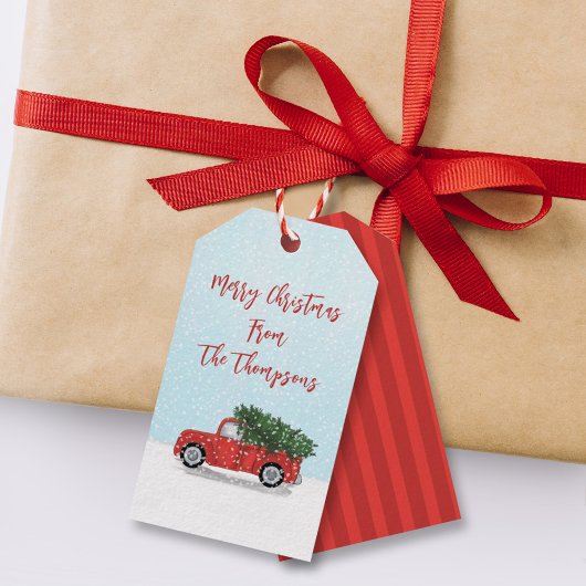 Kerstmis  Rode Vrachtwagen Winter Snowflakes Cadeaulabel