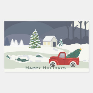 Kerstmis rode vrachtwagen winterweg rechthoekige sticker