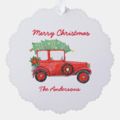 Kerstmis Rode Vrachtwagen Wit Feestelijk Ornament Kaart (Achterkant)