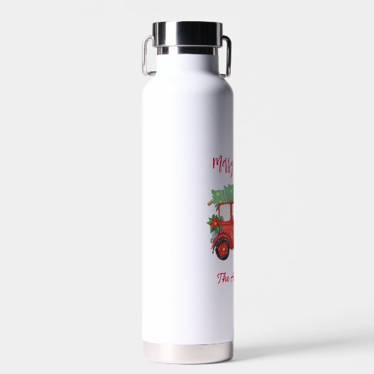 Kerstmis Rode Vrachtwagen Witte Feestelijke Vakant Waterfles (Voorkant)