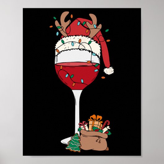 Kerstmis Rode Wijn Glas Kerstman Hoed Rendier Plez Poster (Voorkant)