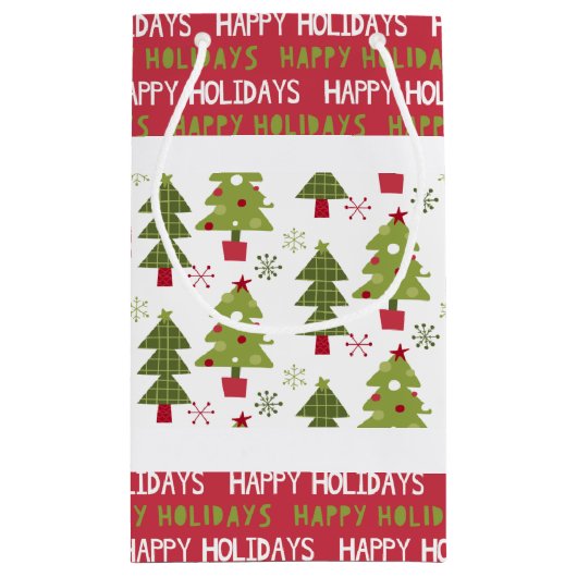 Kerstmis rode, witte en groene bomen en sneeuwvlok klein cadeauzakje (Achterkant)