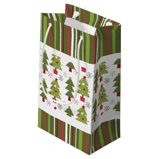 Kerstmis Rode, Witte en Groene Bomen en Strepen Klein Cadeauzakje (Achterkant Gekanteld)
