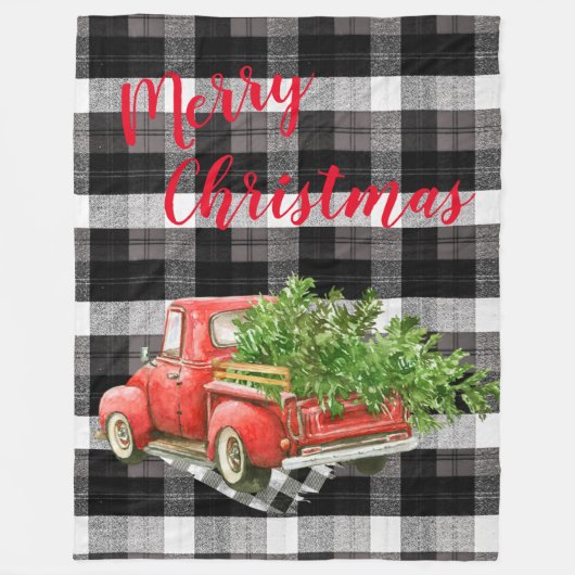 Kerstmis Rode XMAS Vrachtwagen Plaid Zwart Wit Fleece Deken (Voorkant)