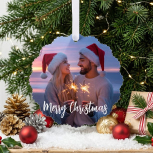 Kerstmis Romantisch Koppel Zonsondergang Foto Ornament Kaart