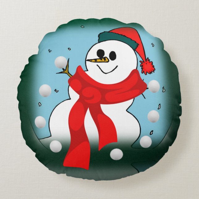 Kerstmis Ronde Kussen, Sneeuwman Rond Kussen (Voorkant)