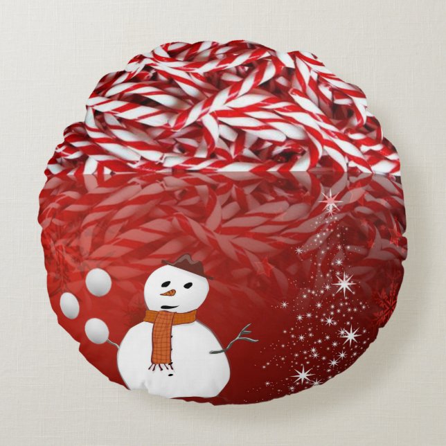 Kerstmis Ronde Kussen, Sneeuwman Rond Kussen (Voorkant)