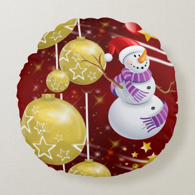 Kerstmis Ronde Kussen, Sneeuwman Rond Kussen (Voorkant)