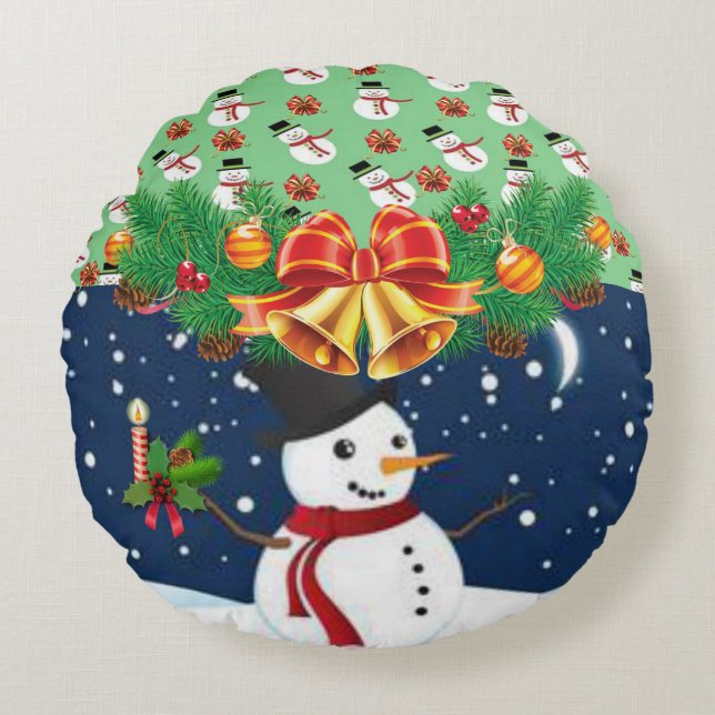 Kerstmis Ronde Kussen, Sneeuwman Rond Kussen (Voorkant)