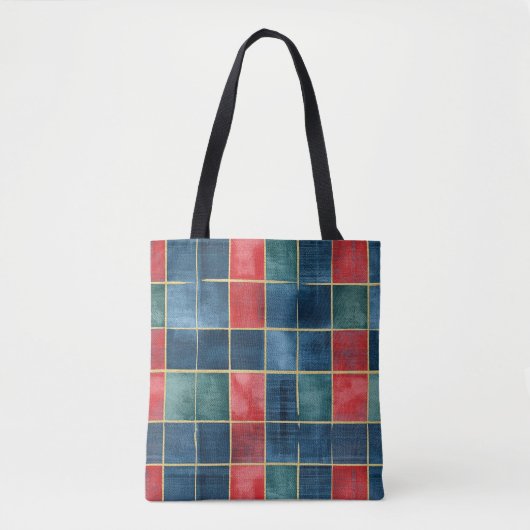 Kerstmis Rood Blauw Groen Vierkanten Tote Bag (Voorkant)