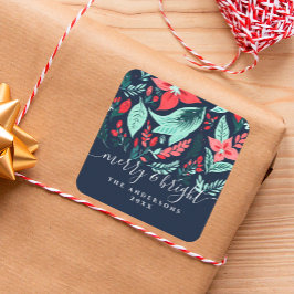 Kerstmis Rood Bloemmotief Botanisch Blauw Feestdag Vierkante Sticker