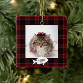 Kerstmis Rood Buffalo Plaid Kat Naam Kerstfeest Keramisch Ornament