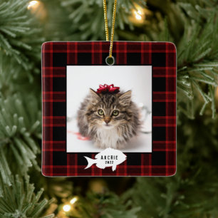Kerstmis Rood Buffalo Plaid Kat Naam Kerstfeest Keramisch Ornament