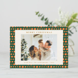 Kerstmis Rood en Groen Boho Bloemen Twee Foto  Feestdagenkaart