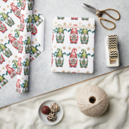 Kerstmis Rood en Groen Kabouters met Gouden Sneeuw Cadeaupapier